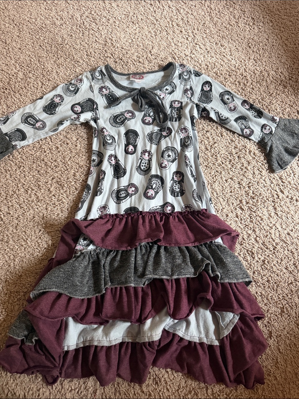 Lilli Lovebird ruffles Girls' Burgundy & Gray Ruffle Dress with Matryoshka Print